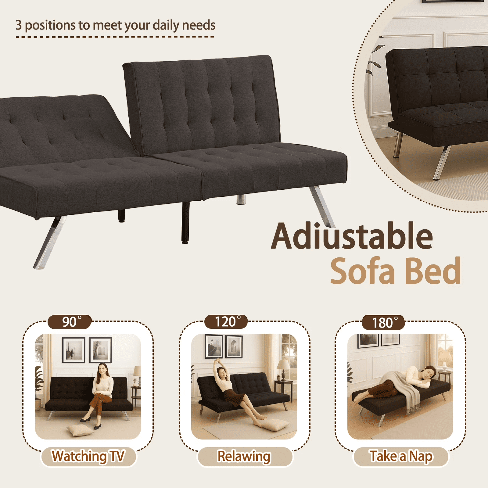 ASINMAK Convertible Sofa Bed Adjustable Couch Sleeper, Fabric Loveseat Futon Bed with Breathable Chenille, Metal Legs, and Adjustable Lounge - Perfect for Compact Living Space - Espresso