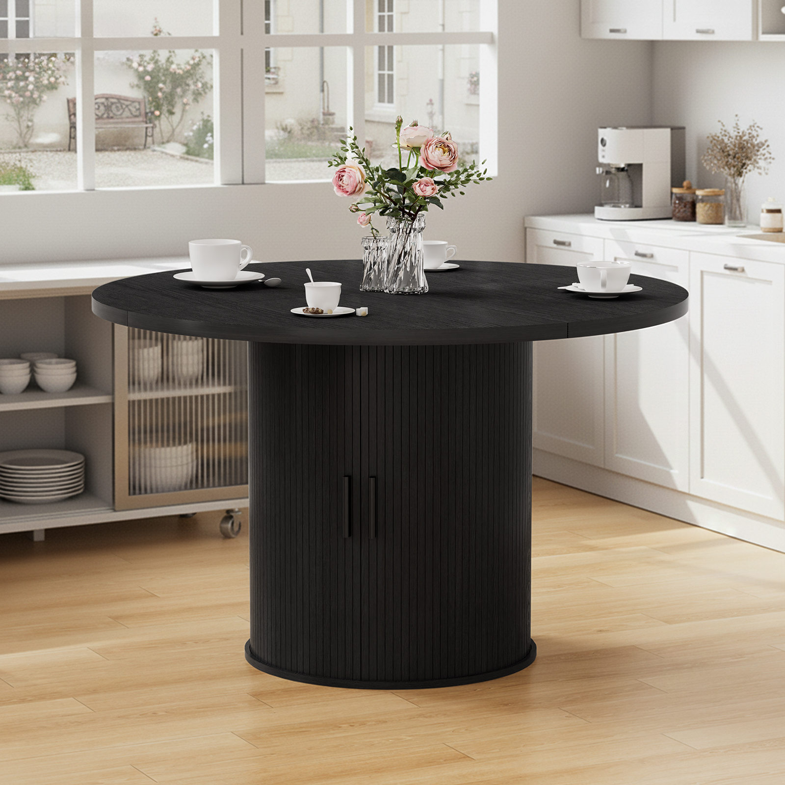Hommpa 48" Round Dining Table with Storage,Morden Kitchen Table Wood for 4 with 2-Layer Storage Shelves and Wood Slide Door for Kitchen Living Room,Heavy Duty Pedestal Base,Black