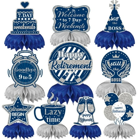 DTOFOOT 10 Pcs PriNst Retirement Party Decorations, Blue Silver Retirement Table Honeycomb Centerpieces Happy Retirement Table Topper for Men Women Happy Retirement Decorations for Party Supplies
