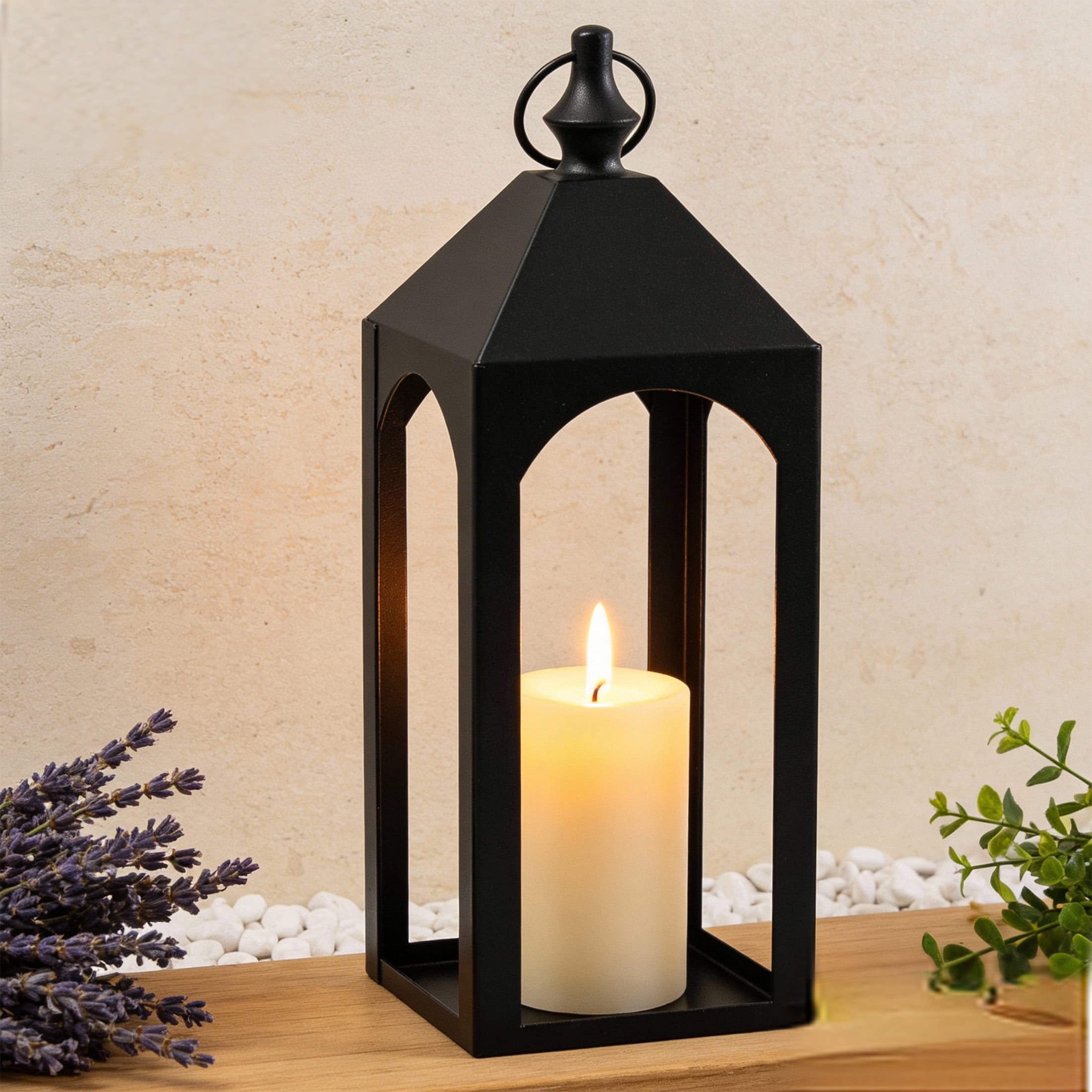 GARITIN 17" Black Metal Lantern Candle Holder, Outdoor & Indoor Decor for Patio, Garden, Porch, Pathway Lighting, House Warming Gift