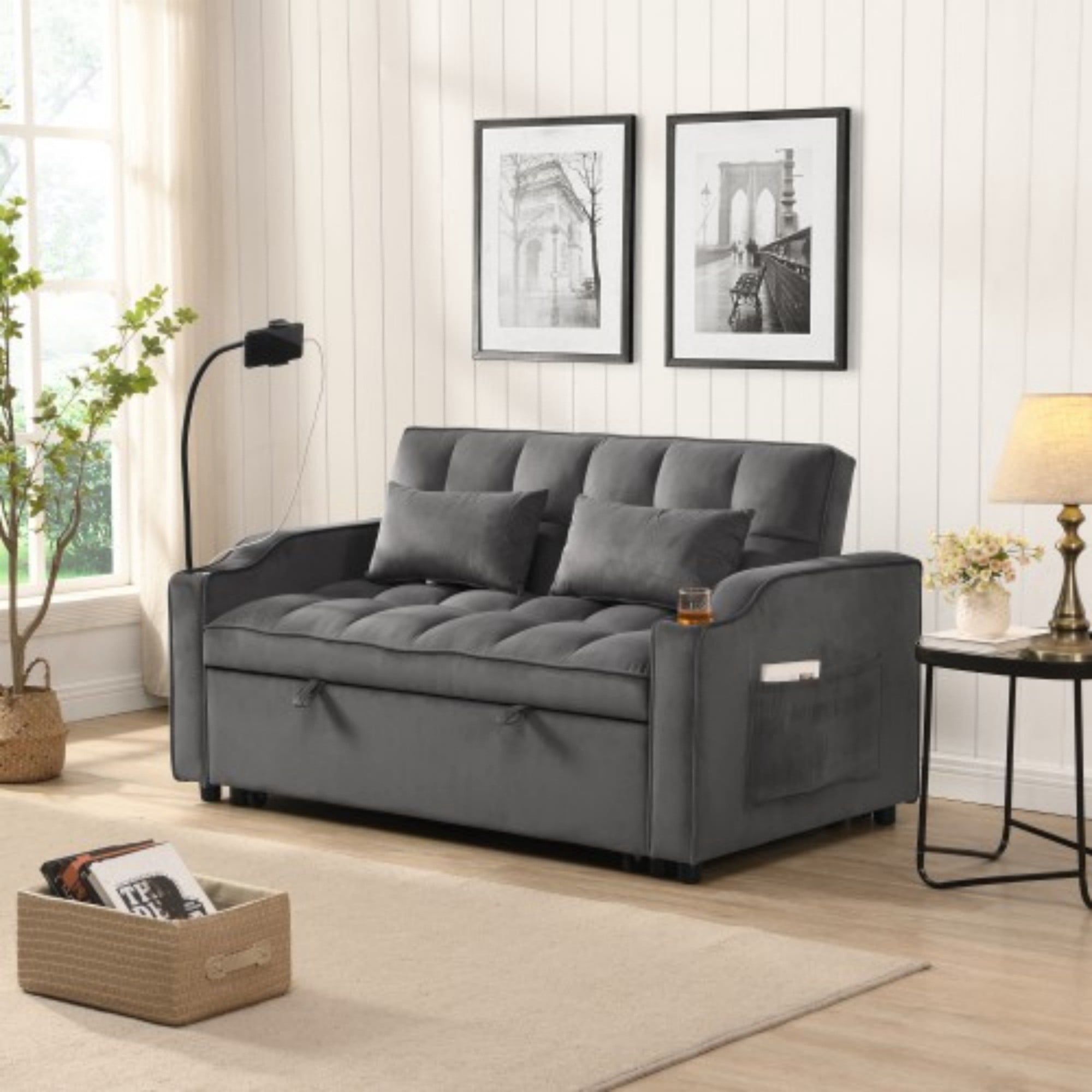 Velvet Loveseat Sofa Bed, 3-in-1 Convertible Sleeper Couch with USB Ports & Pullout Bed, Dark Gray