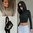 thumbnail image 3 of Casual Sophisticated Women's Bare Shoulder Cowl Neck Hooded T-Shirt Long Sleeves Solid Color Ruched Bodycon Crop Top, 3 of 19