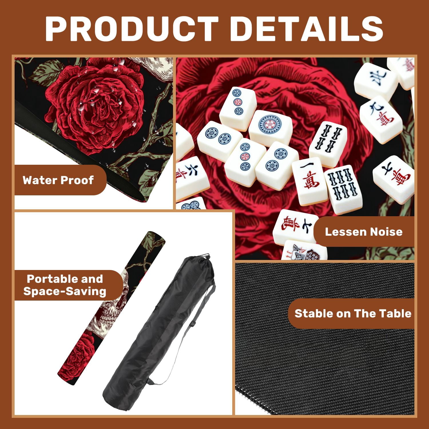 Mahjong Mat 31.5" x 31.5" Seamless skull red roses stems leaves Non-Slip Noise Reduction American Mahjong Tiles Table Cover for Dominoes Poker Card Board Games Gift