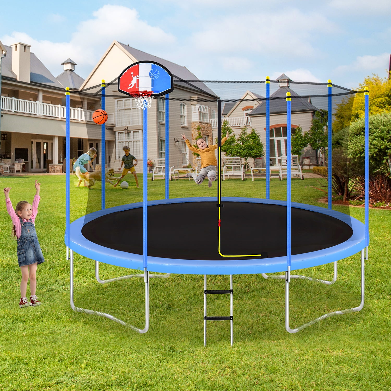 Kadyn Jumping Trampoline, 14FT Mini Small Trampolines with Safety Enclosure Net, Basketball Hoop and Ladder, Metal Small Toddler Trampoline for Kids, Blue Kadyn Jumping Trampoline, 14FT Mini Small Trampolines with Safety Enclosure Net, Basketball Hoop and Ladder, Metal Small Toddler Trampoline for Kids, Blue