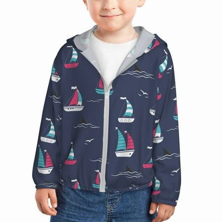 

Sun Hoodie for Kids cartoon boat shark fins blue Long Sleeve Swim Fishing Shirts Sun Protection Zip Up Jacket Clothing Athletic Hoodie