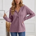 thumbnail image 6 of CQONEPT Womens Ribbed Hoody Pullover Button V Neck Sweatshirt Tops Dressy Casual Long Blouses Stretch Fall Fashion Clothes Purple XL, 6 of 7