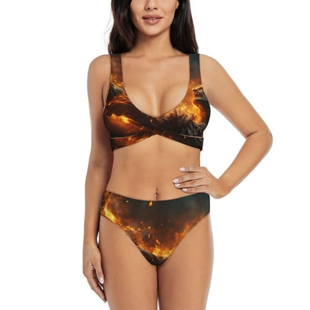 Zeuib Cool Fire Man High Waisted Tummy Control Bikini Set - Knot Front Push Up Top & Cheeky Thong Bottom  Two-Piece Swimsuit for Women-Large