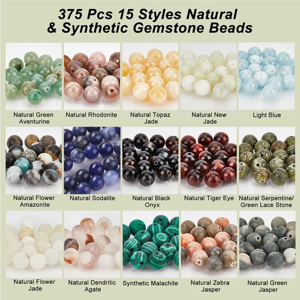375 Pcs 15 Styles Natural Gemstone Beads, 8mm Mixed Stone Spacer Beads Natural Round Loose Beads Engry Crystals Gemstone Beading for DIY Bracelet Necklaces Jewelry Making