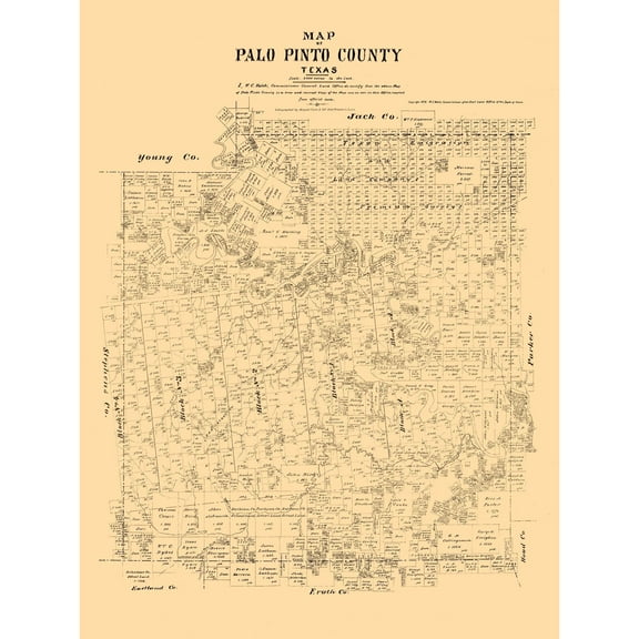 Historic County Map - Palo Pinto County Texas - Walsh 1879 - Vintage Wall Art