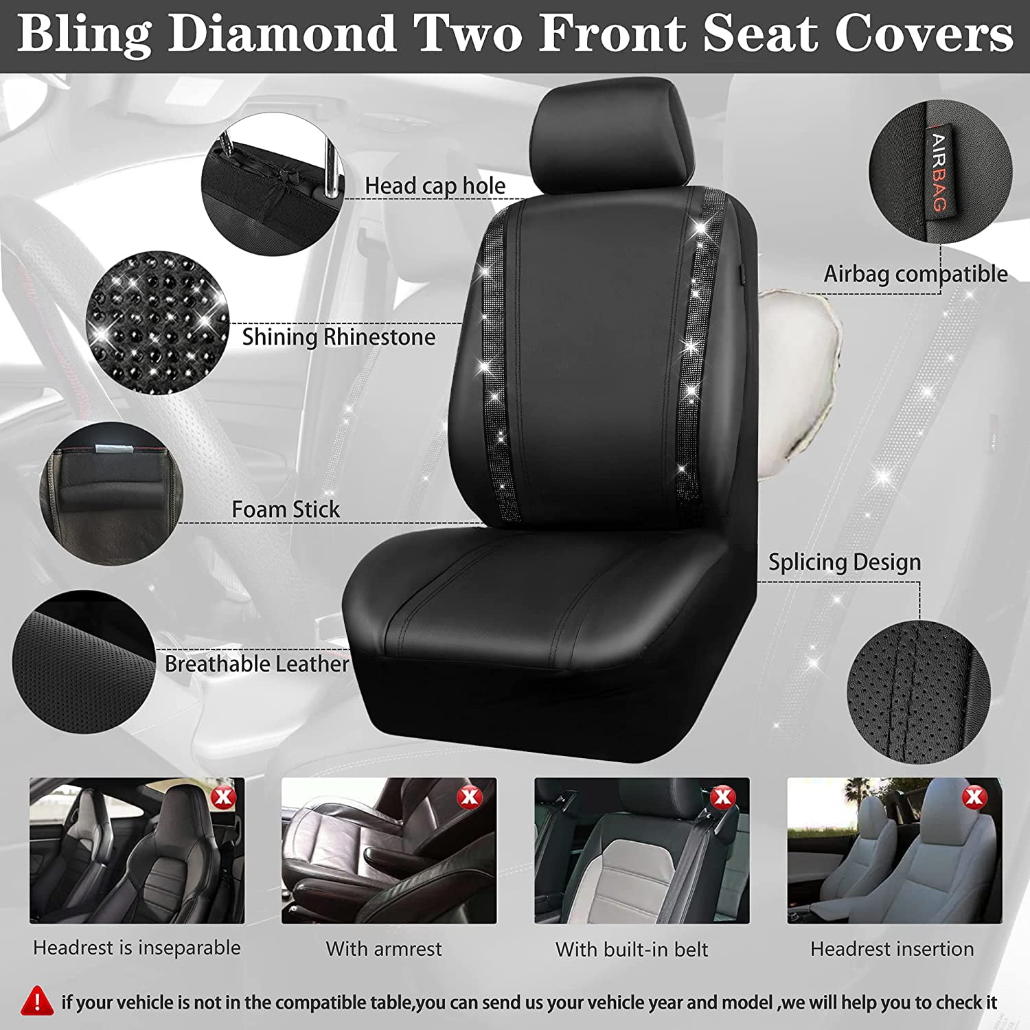 CAR GRAND Bling Car Seat Covers Front Pair, Shining Rhinestone Diamond Waterproof Faux Leather, Universal Fit Automotive Glitter Crystal Sparkle Strips for Cute Women Girl, black