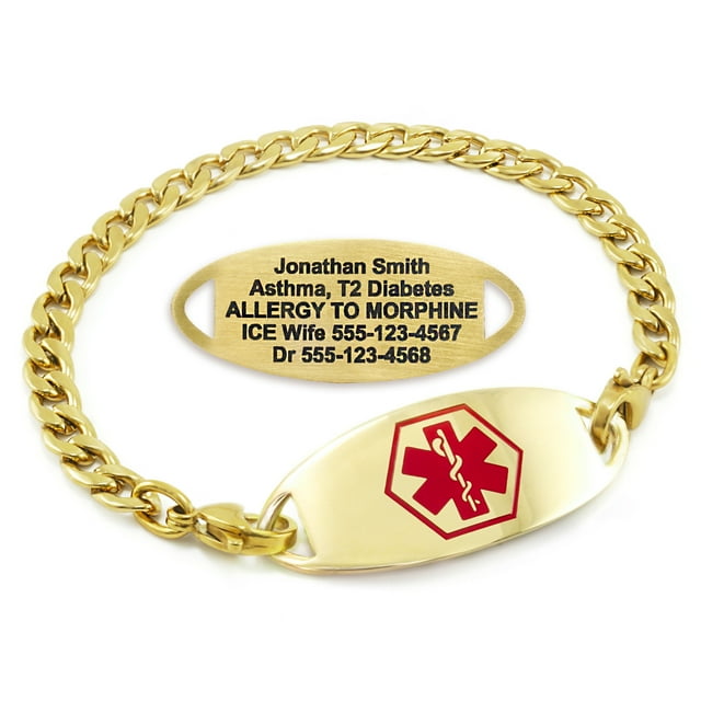 MedicEngraved Yellow Gold Stainless Steel Custom Medical Alert Bracelet - 5mm Curb Link