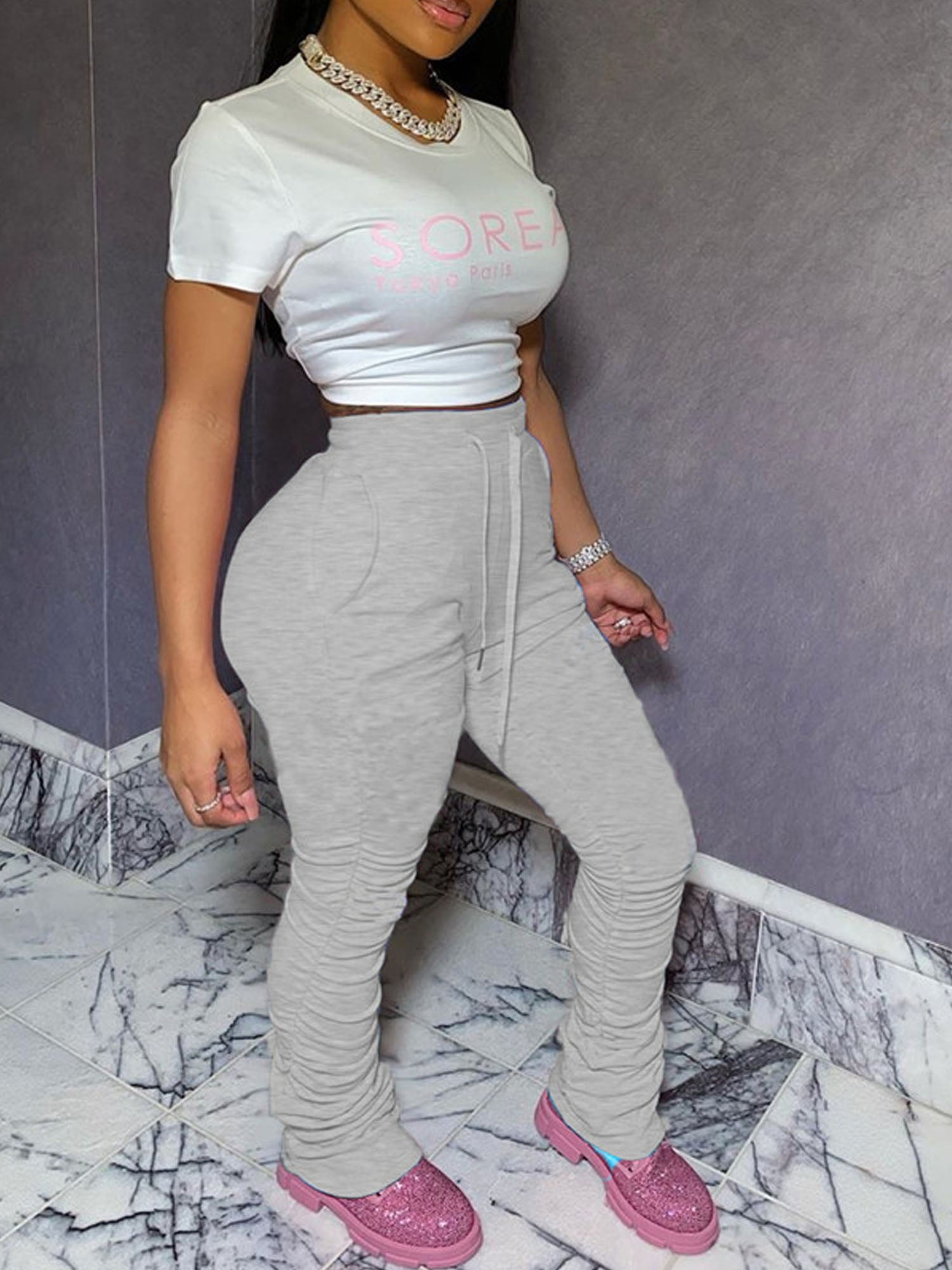 stacked grey joggers