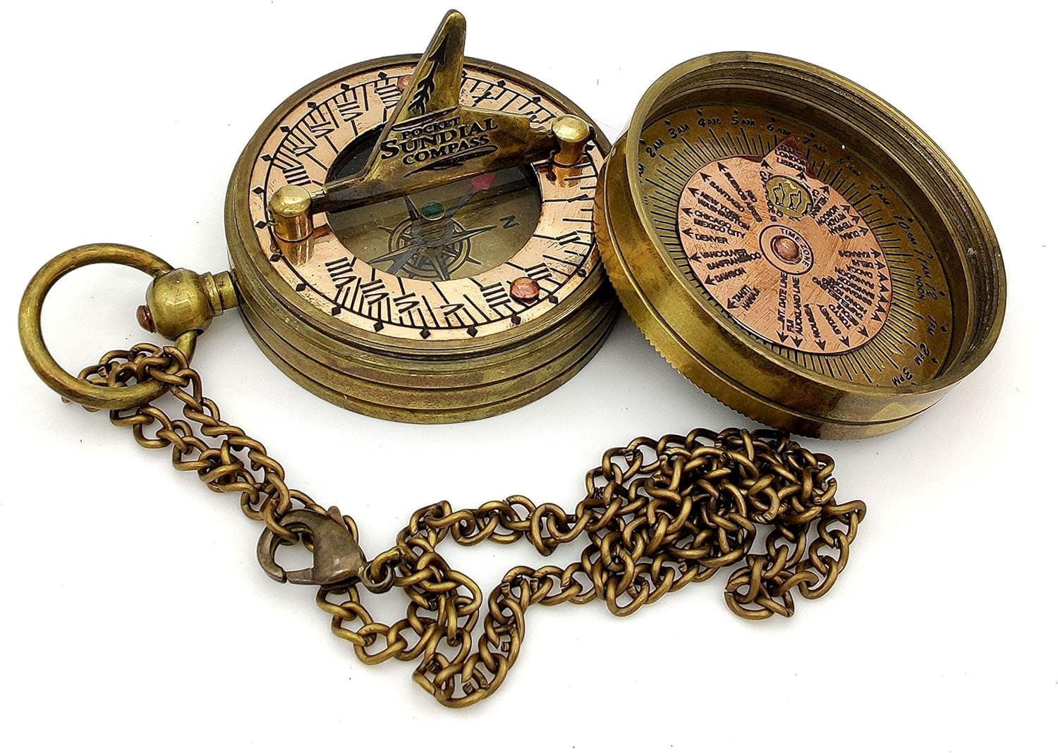 Pocket Sundial Compass – Handcrafted Vintage Brass Sundial & Compass with Engraved Sundial Bird Design, Portable Travel Compass in Elegant Wooden Gift Box