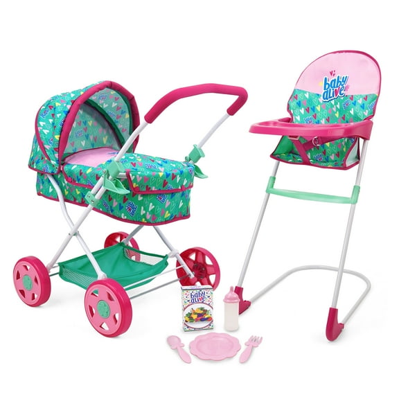 Baby Alive: Travel N' Feed Set - 7pcs - Green, Pink, Hearts - Stroller, Highchair, Bag, Feeding Accessories, Set For Dolls Up To 18", Kids Toy, Ages 3