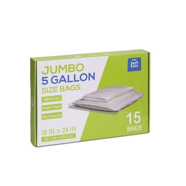 15 Count - X-Large Plastic Zip Bags, 5 Gallon Size (18" x 24"), Jumbo Storage Bags,3 Mils, Food-Contact Safe, BPA-Free, Ideal for Seasonal Items, Clothes, Moving, and Other Storage Needs, Clear