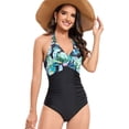 thumbnail image 3 of Defitshape Women's Sexy One Piece Swimsuit Beach Padded Swimming Ruched Summer Halter Criss Cross V Neck Tummy Control One Piece Bathing Suit Multicolored Large, 3 of 4