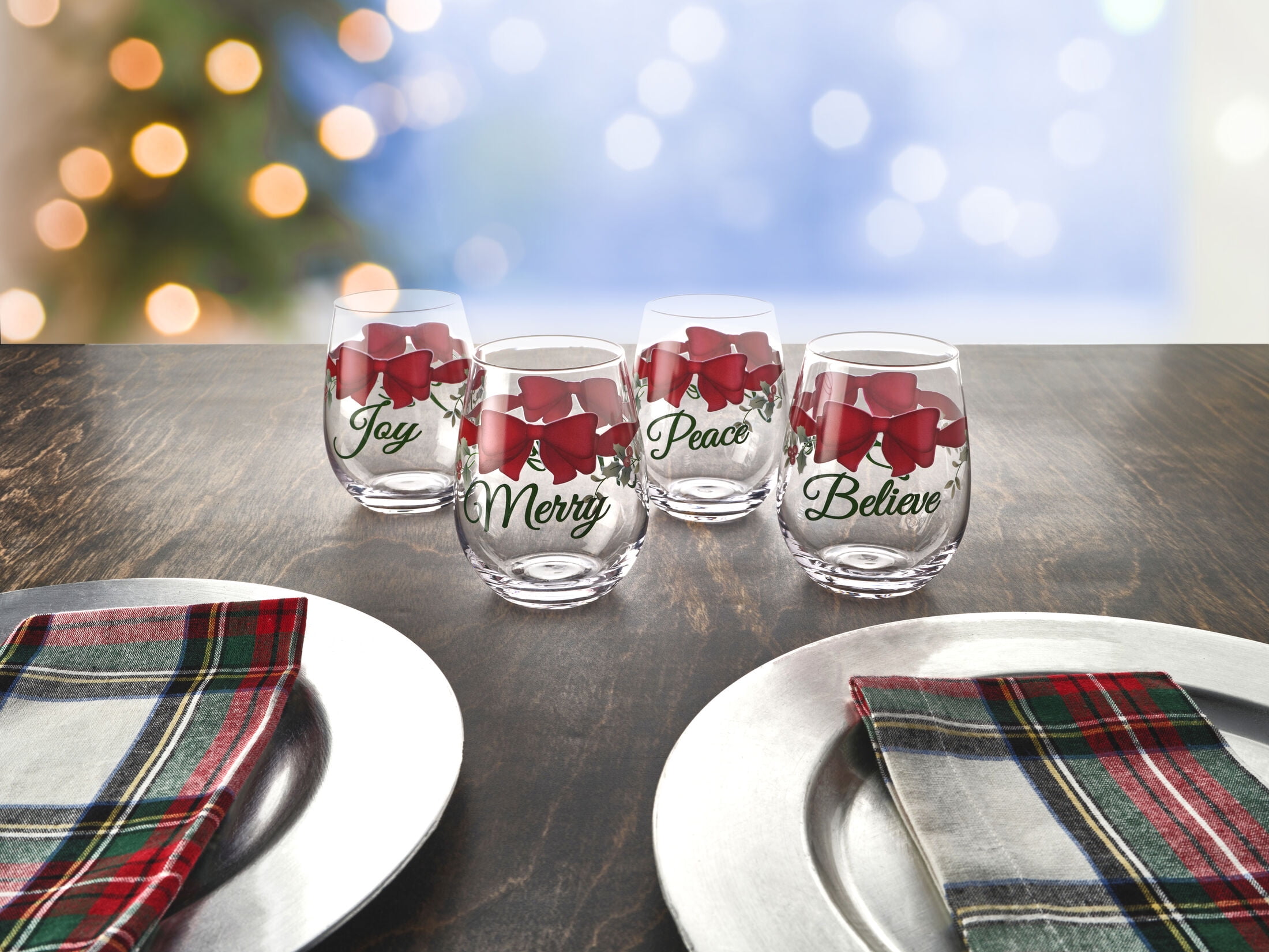Pfaltzgraff Winterberry 19.3 oz Stemless Wine Red Ribbon Set of 4