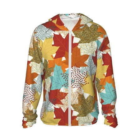 Sigee Fall Maple Leaves Print UPF50+ Men s Sun Protection Hoodie Shirt SPF UV Shirt Long Sleeve Fishing Outdoor Lightweight S-3XL