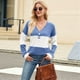 thumbnail image 4 of Camiseta Holgada con Botones y Cuello en V de Larga para Mujer, Otoño e Invierno 2025, con Contraste de Color Color Azul S, 4 of 10