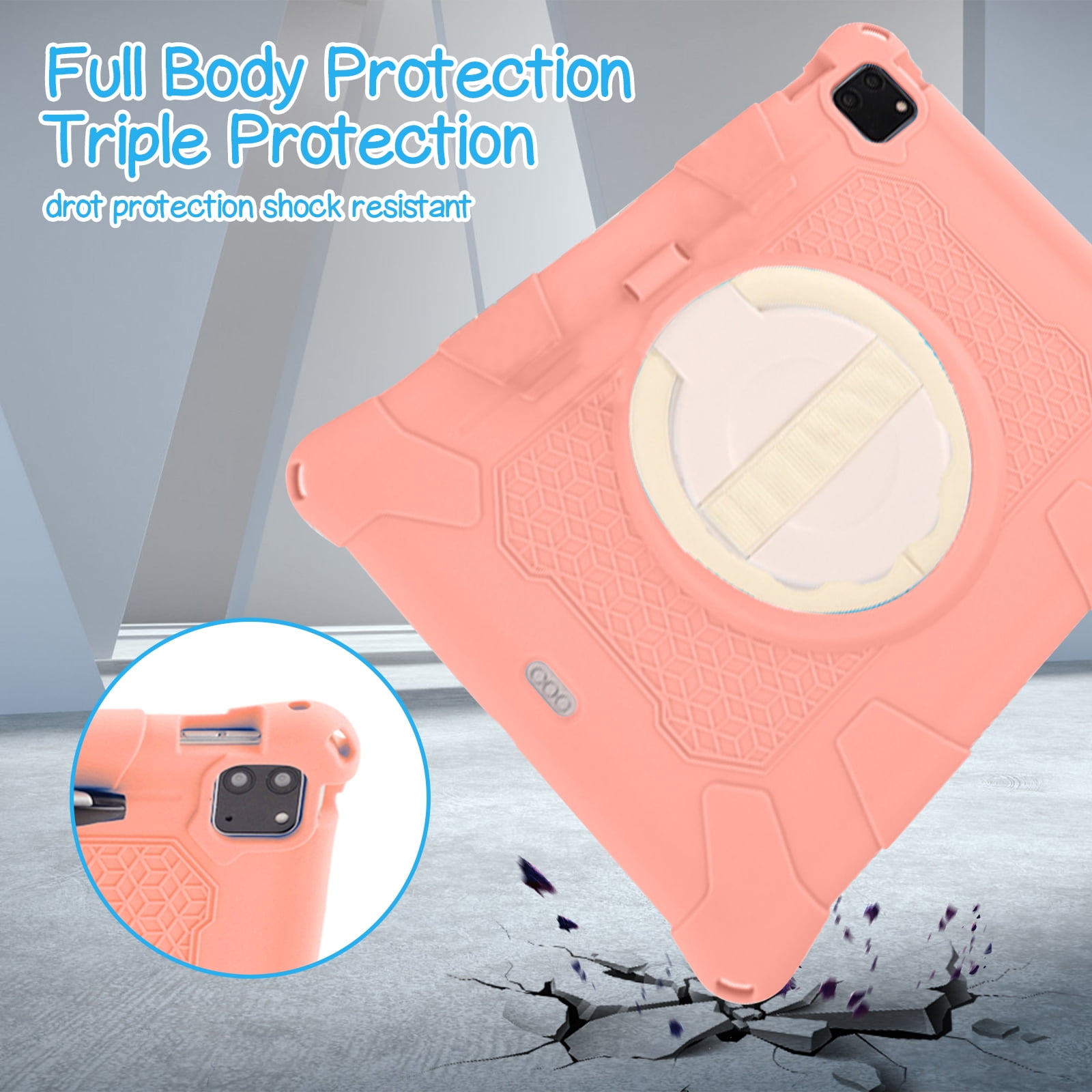 Case for Apple iPad Pro 11 5th 4th 3rd 2nd 1st Gen/ iPad Air 11 2024 M2/Air 4 5, Soft Silicone Drop Protection Rotating Kickstand with Shoulder Strap Pencil Holder Kids Friendly Lightweight, Pink