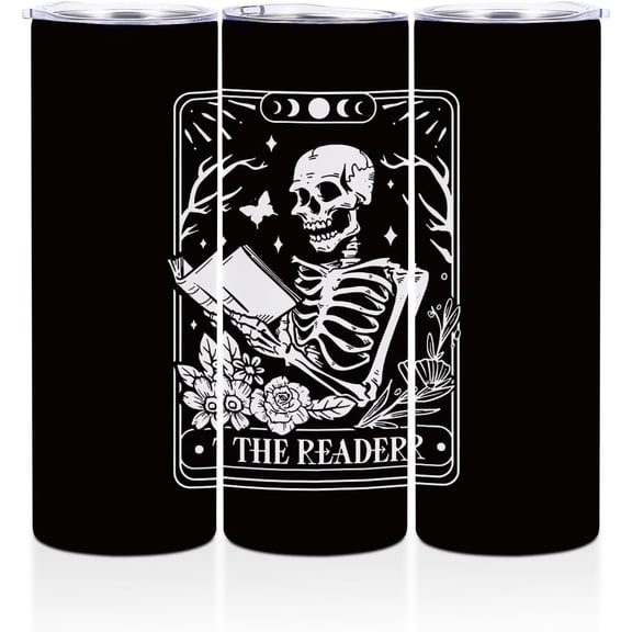 Tarot Skull Readers Coffee Cups with Lids, 20 Oz Skinny Straight Tumbler, Book Lovers Gifts, Gothic Skeleton Stainless Steel Tumblers Tea Cup Thermal Cups Water Glasses, Halloween Stuff