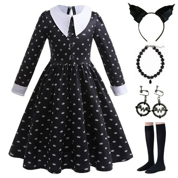 Wednesday Costume Dress For Kids Girls Cosplay Halloween Party Dress with Accessories