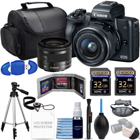 Canon EOS M50 Mirrorless Camera w/15-45mm (Black) + 2X 32GB SD Cards + Tripod + Hand Strap + Deluxe M 50 Photo Bundle