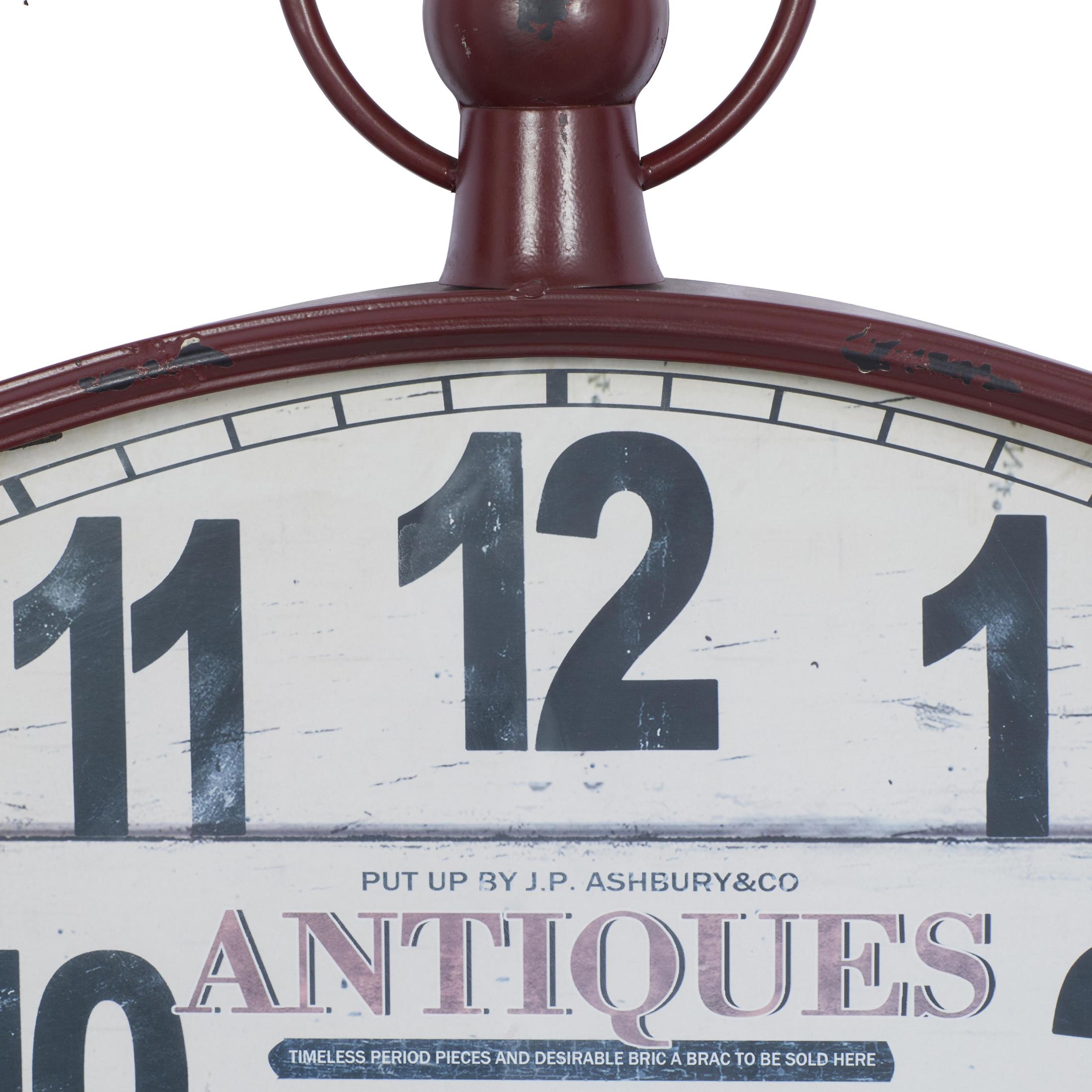 DecMode 19" x 33" Red Metal Finial Distressed Pocket Watch Inspired Wall Clock