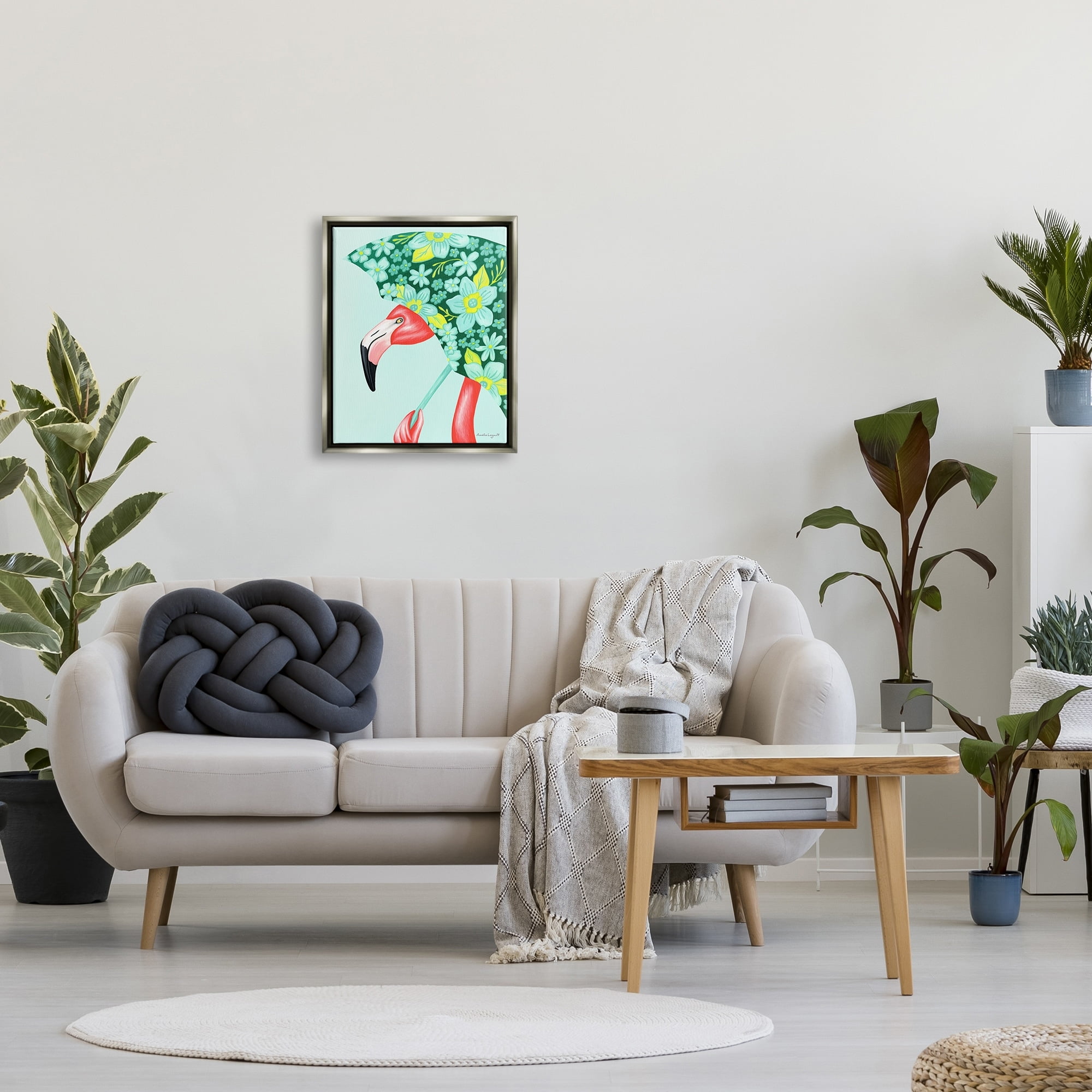 Stupell Industries Summery Pink Flamingo Floral Petal Patterned Umbrella Graphic Art Luster Gray Floating Framed Canvas Print Wall Art, Design by Amelie Legault