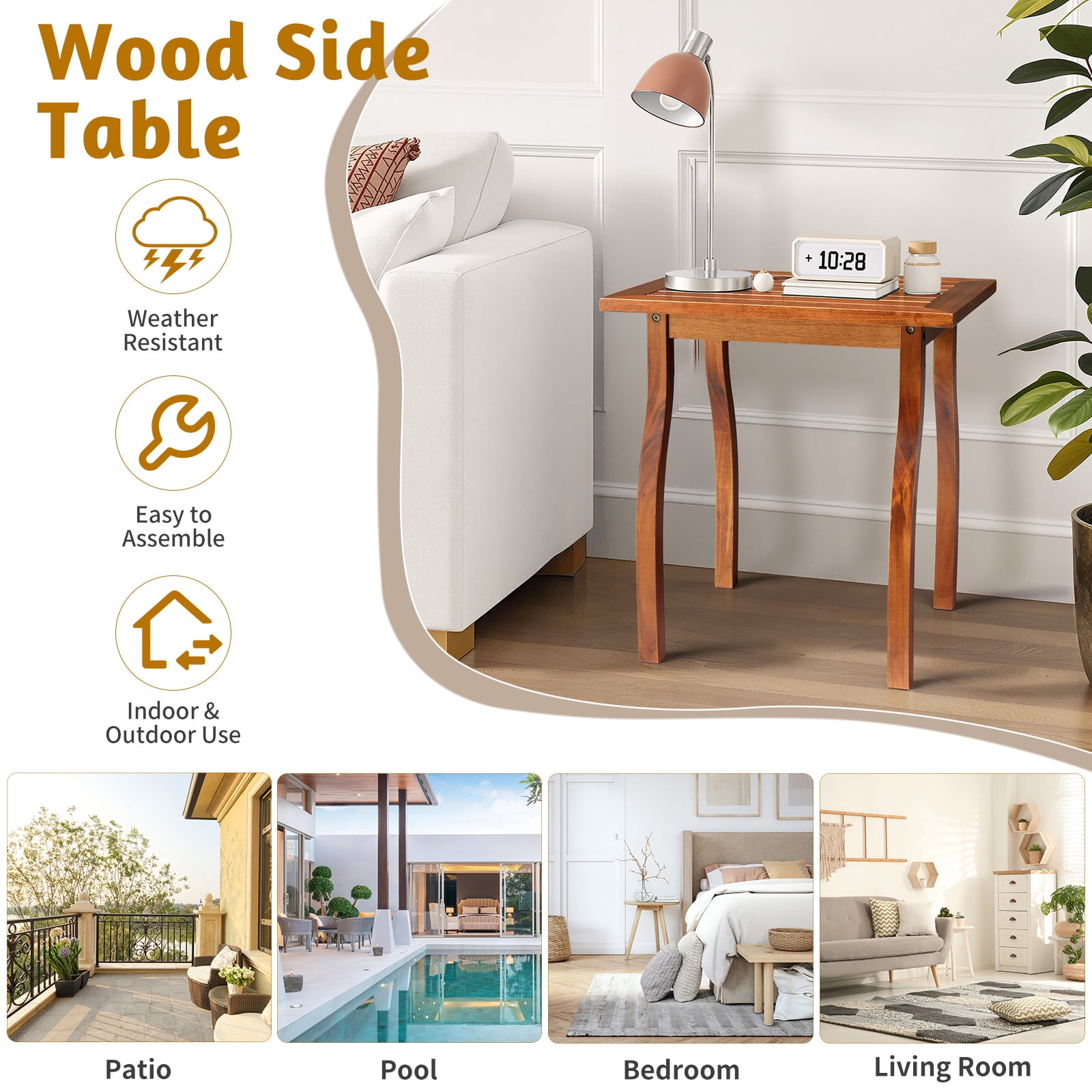 Ktaxon 20in Wood Side Table, Patio Coffee End Table with Curved Leg, for Indoor Outdoor Balcony Lawn Pool, Natural