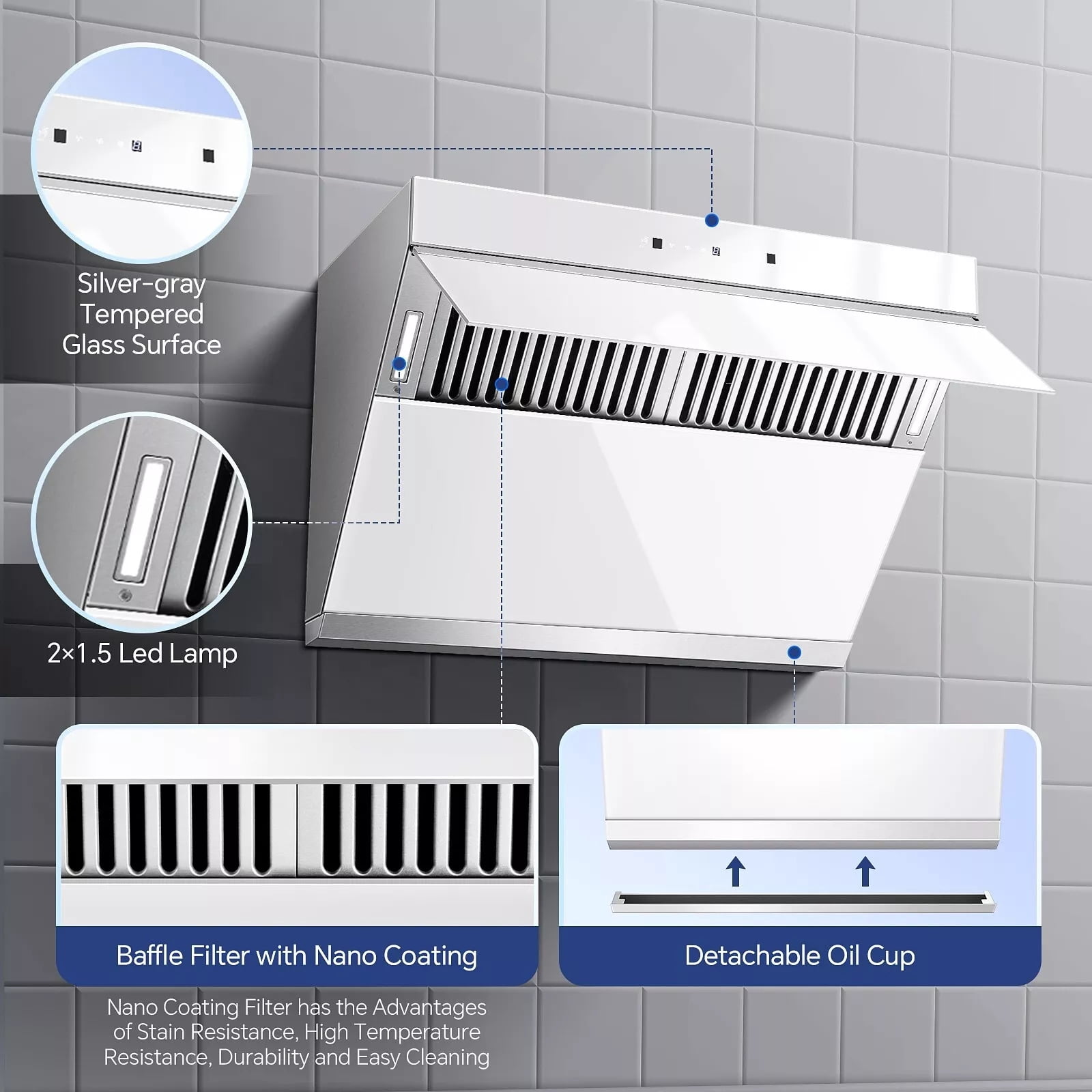 30 inch 120V Wall Mount Range Hood Electric Clean 900CFM Stainless Steel 3-Speed Exhaust with Filter, Silver
