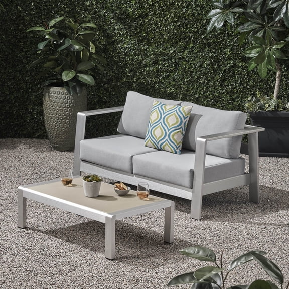 Marciano Outdoor Aluminum Loveseat and Coffee Table Set, Matte Black and Light Gray