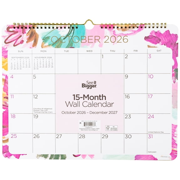 See It Bigger Wall Calendar, Medium (12" x 15"), Floral, 15-Month: October 2026 - December 2027