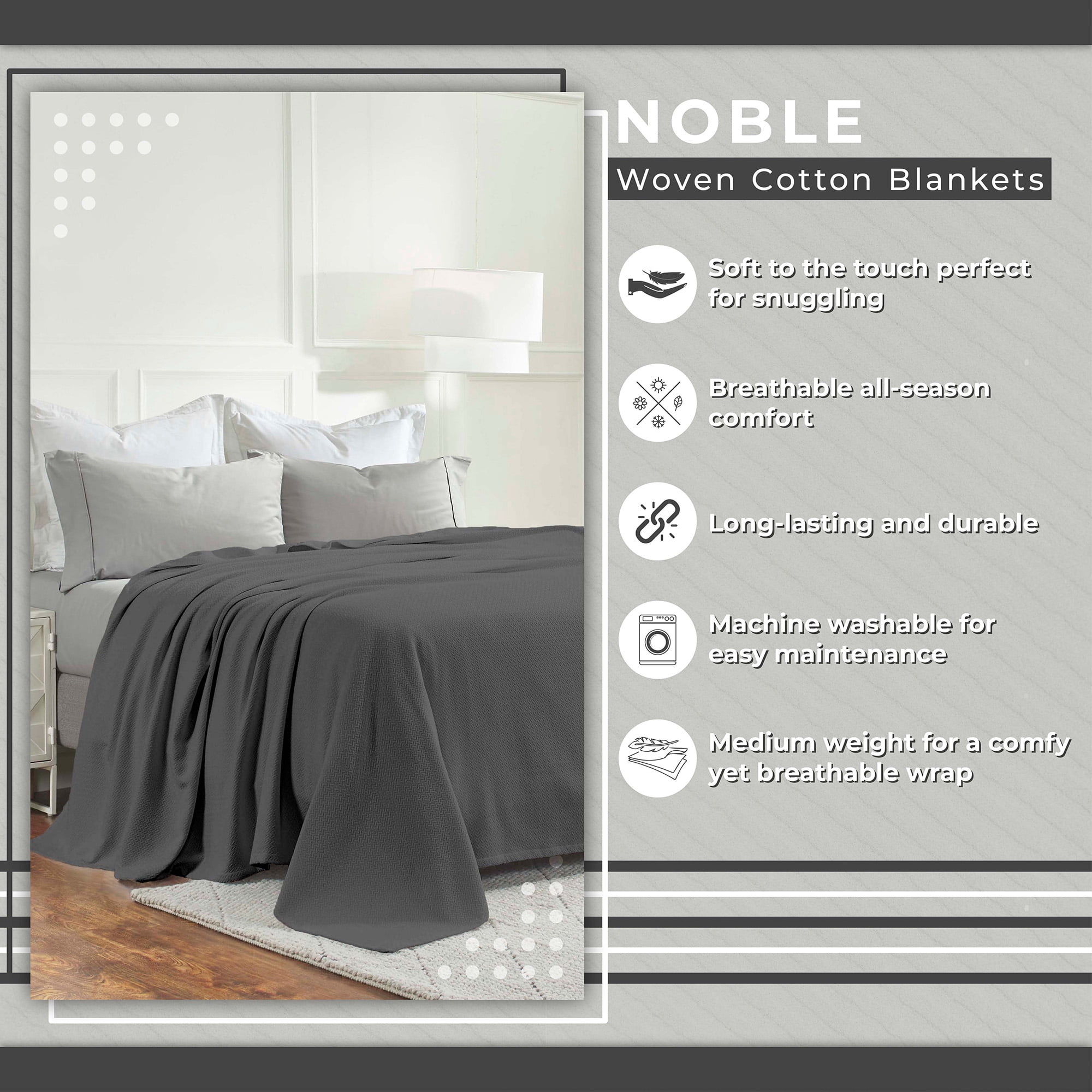 Superior Nobel Cotton Textured Chevron Woven Blanket, Full Queen, Charcoal