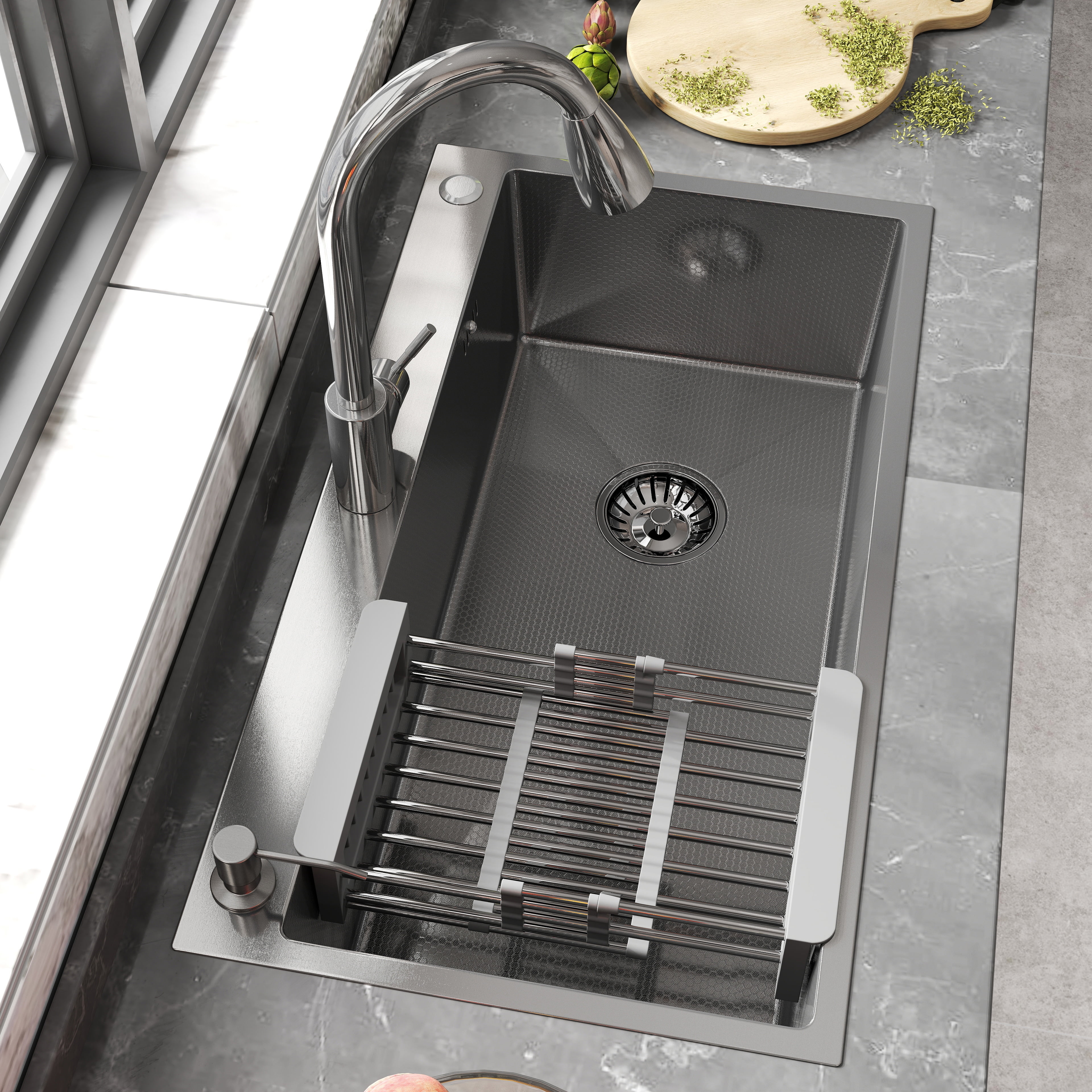 Abunitt 30x18x8 inch 304 Stainless Steel Kitchen Sink,X-Shaped Drain, Topmount Drop-in Workstation with Pull-out Faucet & Accessories,Brushed Silver