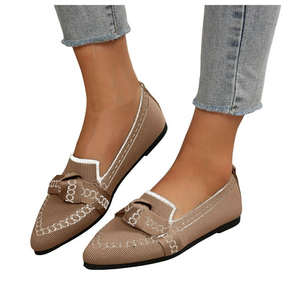 Ballet Flat Shoes for Women Fashion Print Bowknot Pointed Toe Knit Mesh Slip on Loafers Casual Lightweight Walking Shoes Khaki Size 6