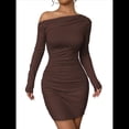 thumbnail image 3 of Vestido de Cóctel Mini Ajustado con Volantes, Mangas Largas y Hombros Descubiertos para Mujer Café M, 3 of 10