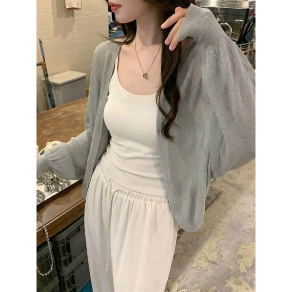 Grey Women Loose Fit Long Sleeve Open Front Sweater