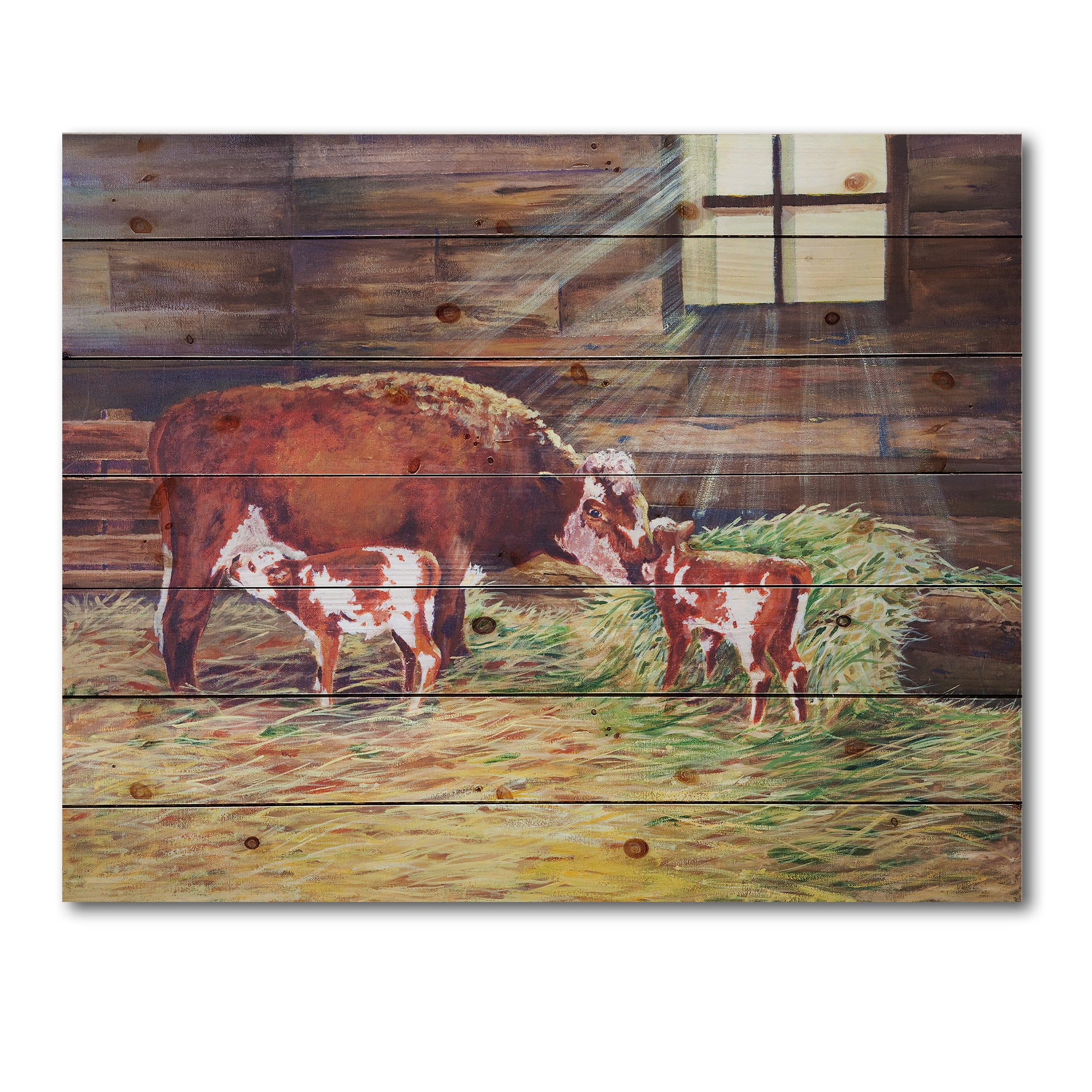 Designart 'Newborn Twin Calves With Cow At The Farm' Farmhouse Print on Natural Pine Wood