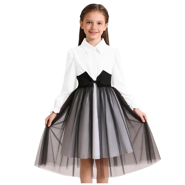 Vestido Formal Corto de Manga Larga Estilo Vestido de Malla de Solapa de Color Sólido para Niños con Mangas Hinchadas Y Falda en Capas, Cintura de Contraste con Arco, Vestido Cómodo Casual para Niños