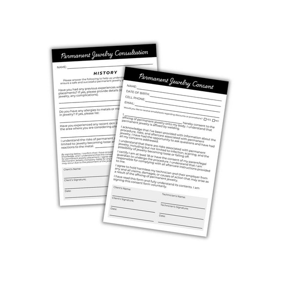 Permanent Jewelry Consent and Consultation 30pk 4x6 For Clients Application Care Instructions for Craft Fair Booth Waiver Sign