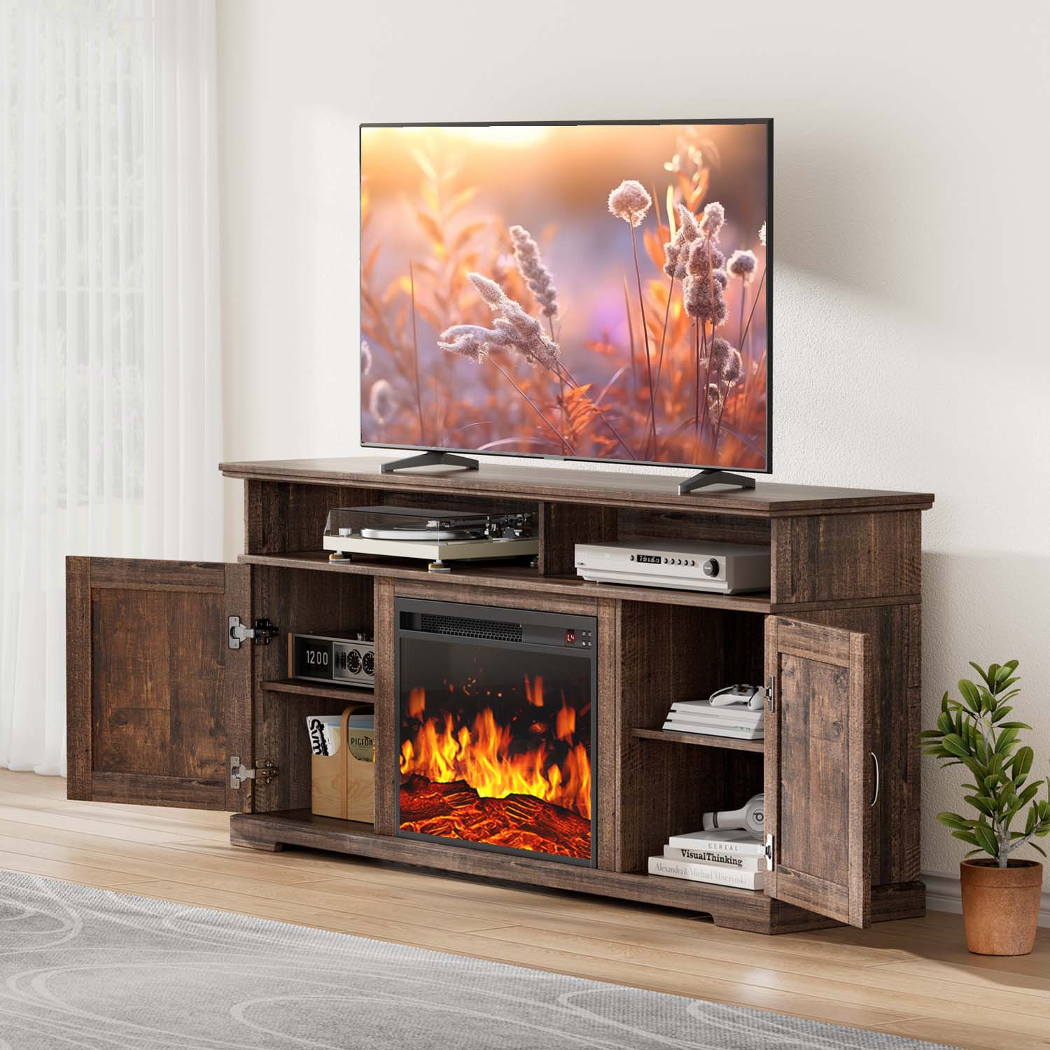 CHITOOMA Electric Fireplace TV Stand for 65 70 75 inch TV with Remote Control, Farmhouse Entertainment Center with 23″ Fireplace for Living Room, Bedroom,Vintage Brown