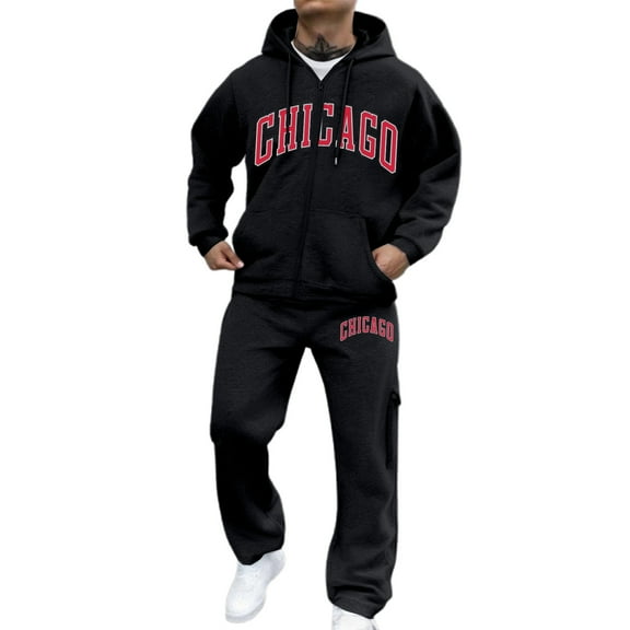 Sweatsuits for Men 2 Piece Zip Up Tracksuits Chicago Graphic Jogging Suits Long Sleeve Hoodies and Sweatpants Set Fall Outfits