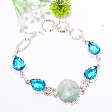 Amazonite - Russia & Blue Topaz Gemstone 925 Sterling Silver Bracelet 7.99" B36