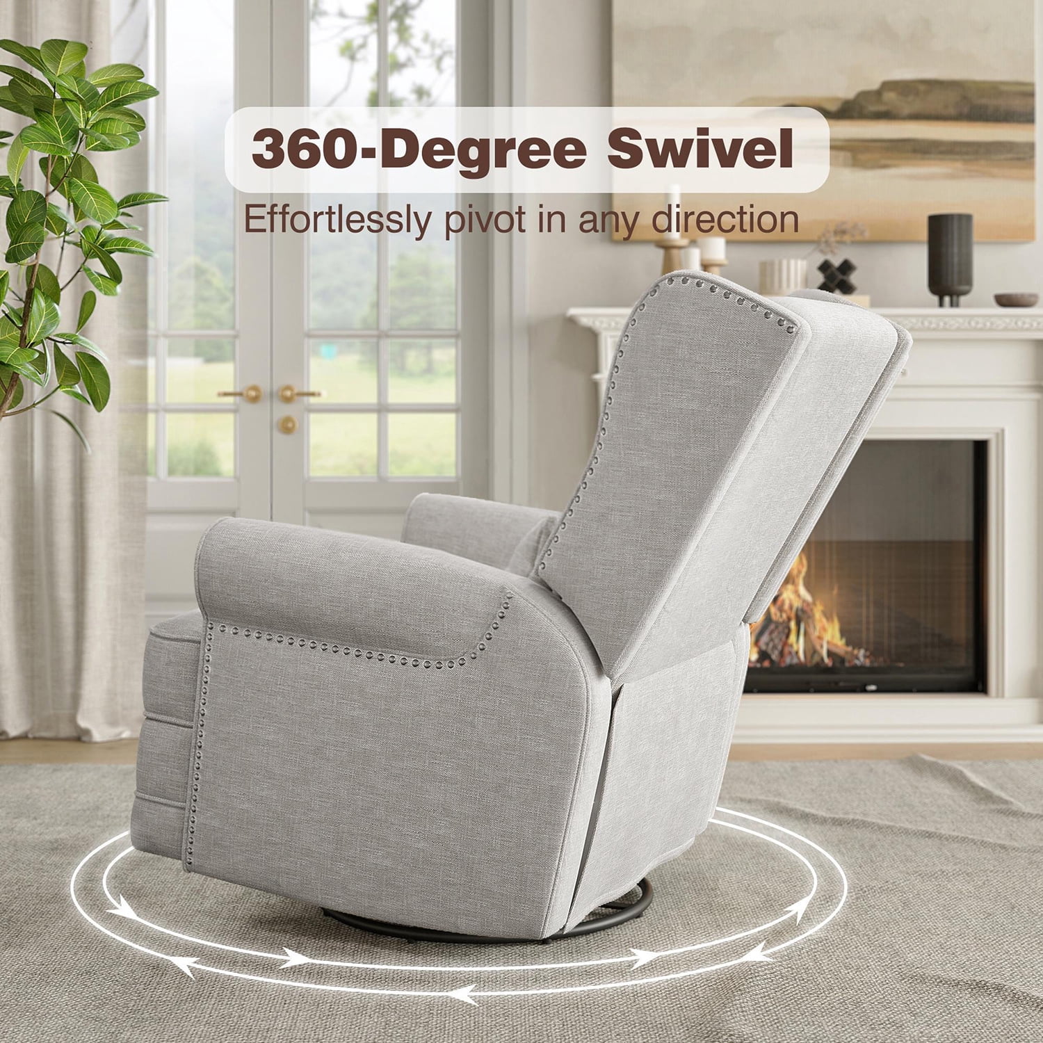 Demi Bonn Swivel Glider Rocking Recliner Chair, Lumbar Pillow, Footrest, Upholstered, Nursery, Bedroom, Light Gray