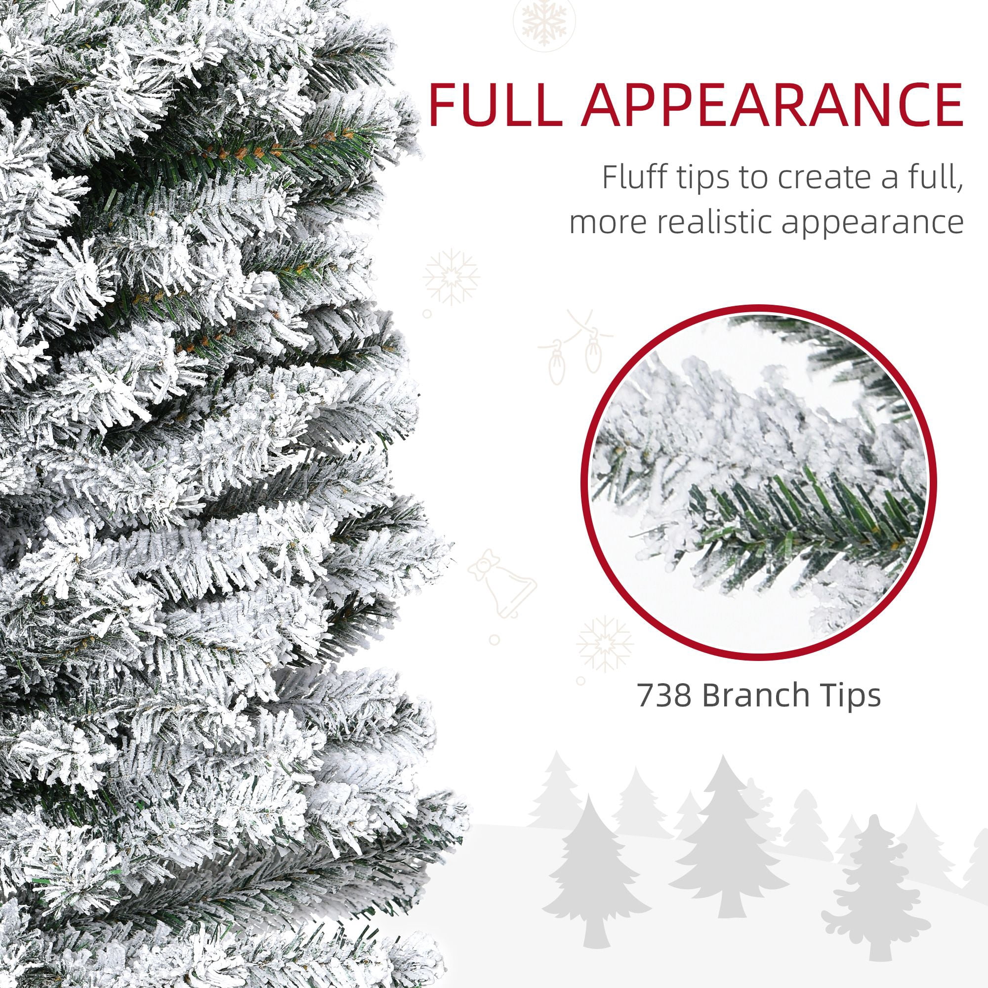 7.5 ft Snow-Flocked Slim Artificial Christmas Tree with 738 Tips, Pencil Shape, Metal Base, Indoor Holiday Decor