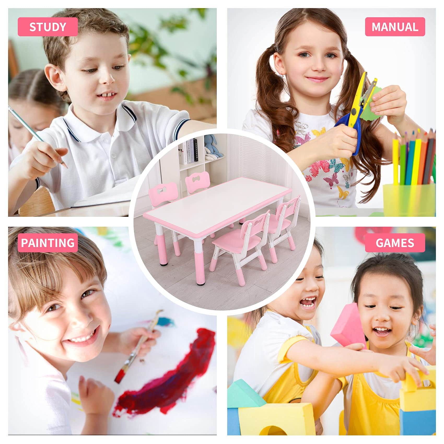 UNICOO® - Kids Study Table and Chairs Set, Height Adjustable Plastic Children Art Desk with 4 Seats, Kids Multi Activity Table Set (White Top + Pink Border)