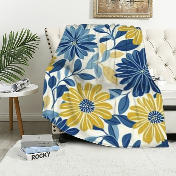 Autua Blue Yellow and Navy Chrysanthemum Flowers Throw Blankets All Season Ultra Soft Warm Daisy Floral Fleece Blanket for Home Bed Sofa Couch Chair Outdoor Travel Camping 40x50in