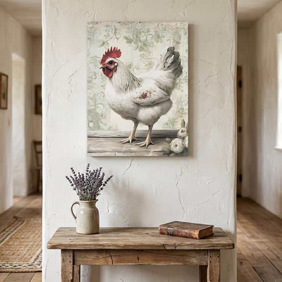 Ships Next Day Canvas Wall Art 16"x20", White Chicken Rustic Wood Framed Canvas Print Painting, Vintage Floral Oil Painting Ready to Hang Picture Wall Decor for Home Bedroom Living Room Dining