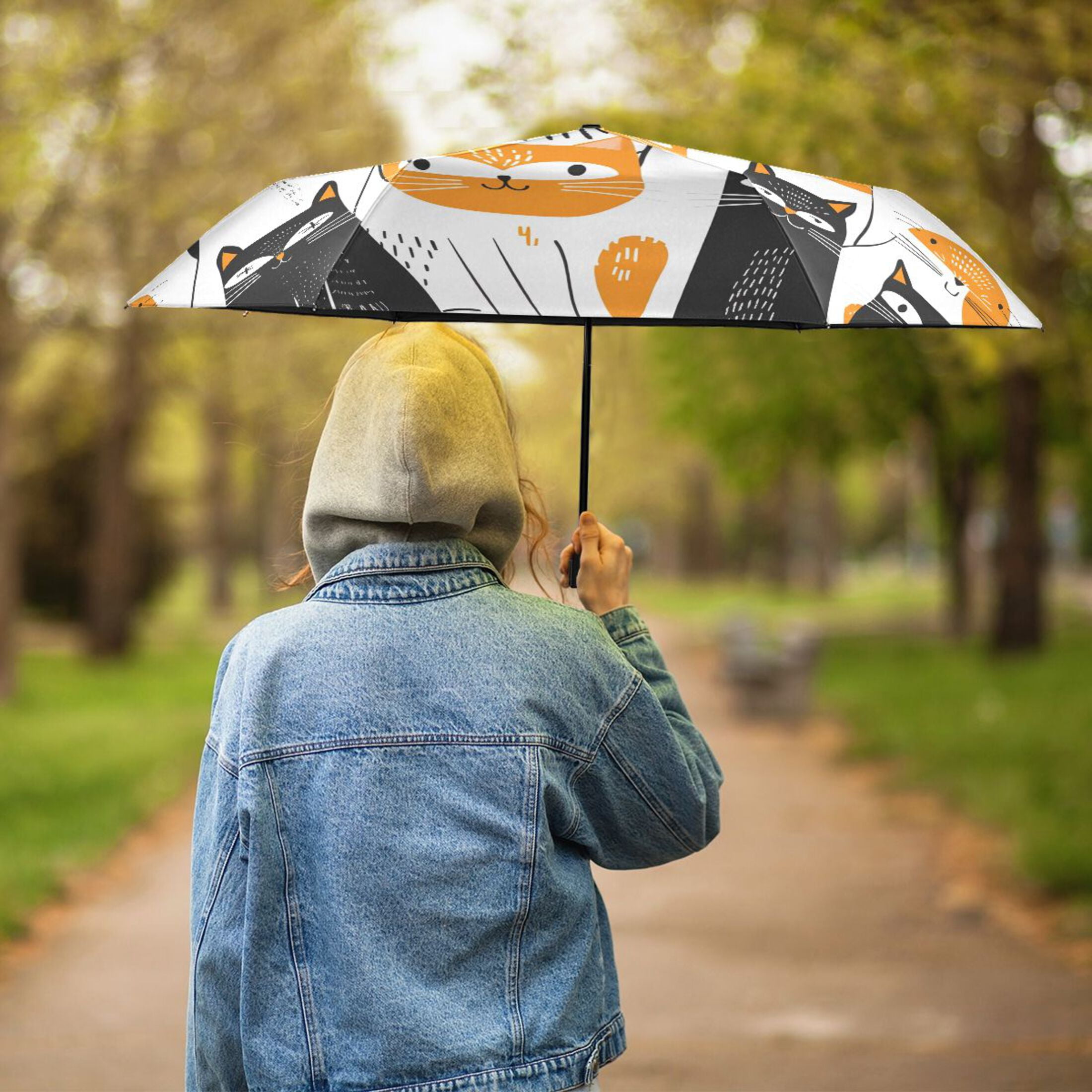 Funny Scandinavian Cats Compact Sun Umbrella Windproof Travel Umbrellas for Rain Strong Portable UV Protection